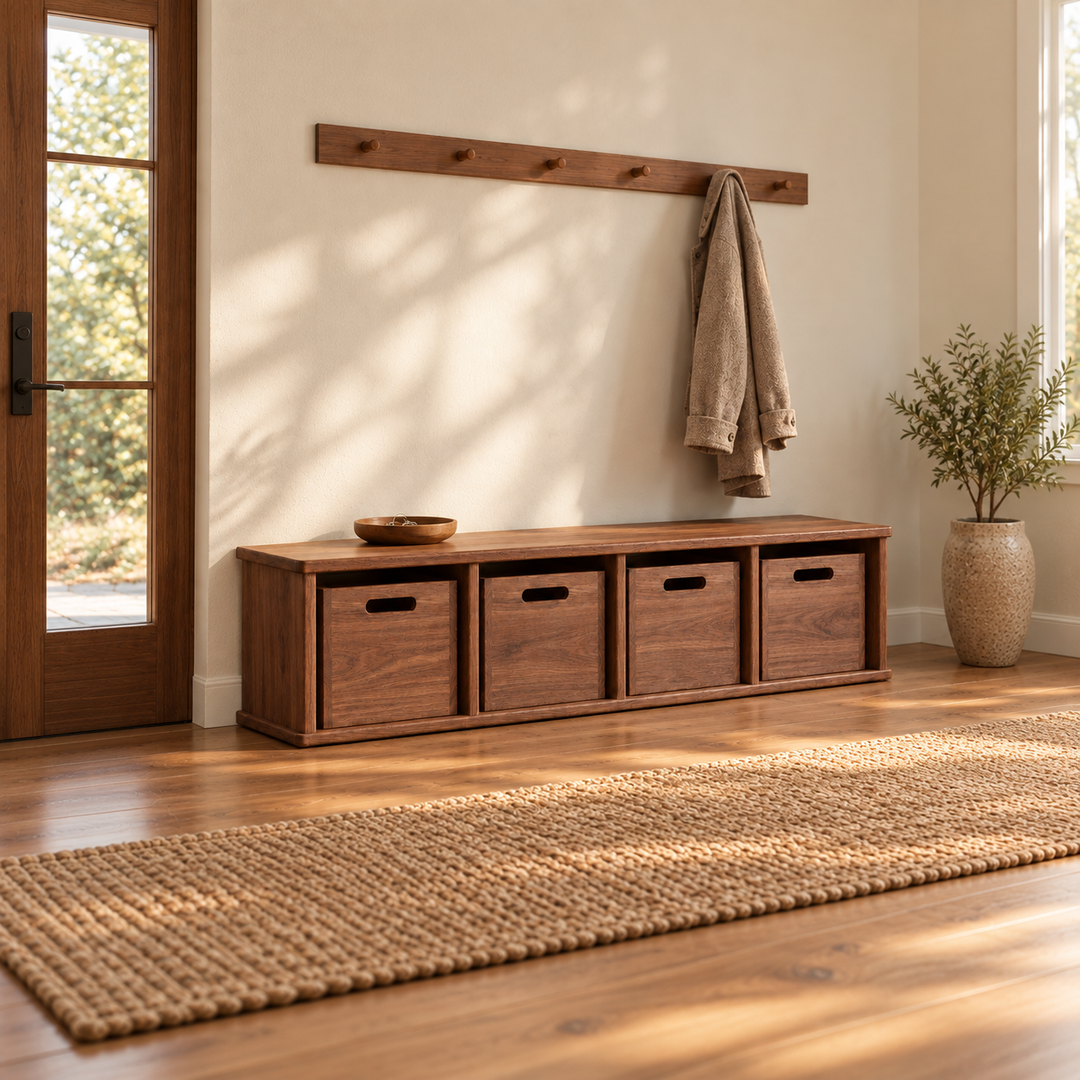 An entryway cubby bench in red oak featuring four open cubbies with matching storage bins, positioned against a wall with a coat rack above.