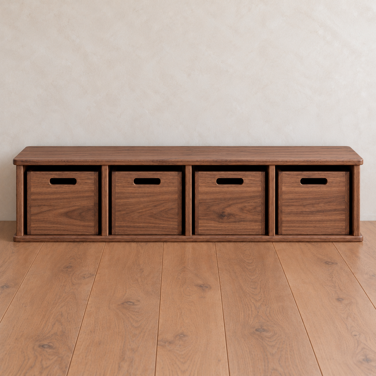 Entryway cubby bench in red oak featuring four open cubbies, each containing a matching storage bin with a cutout handle.