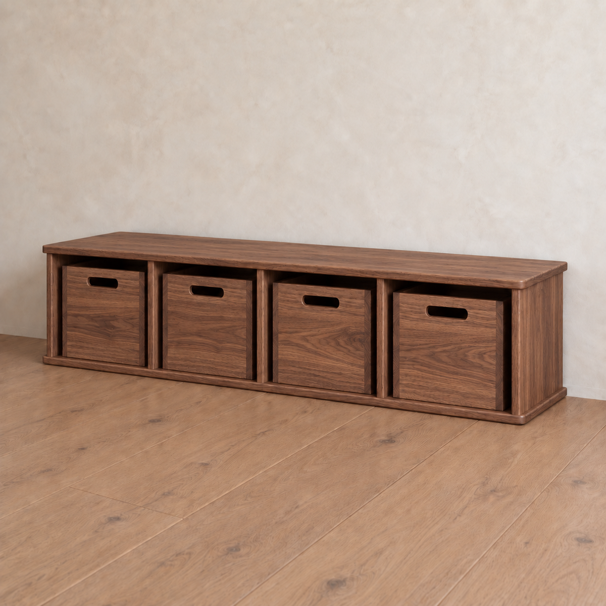 Low rectangular red oak entryway cubby bench with four open cubbies, each containing a matching storage bin with a handle cutout.
