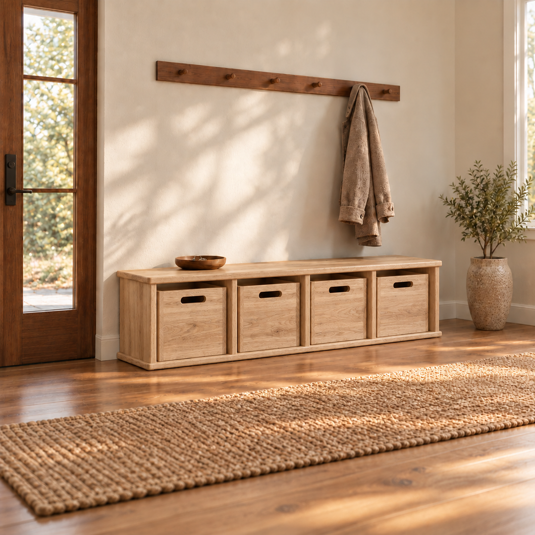 Entryway cubby bench in red oak with four storage cubbies and bins in an entryway with a wall-mounted coat rack.