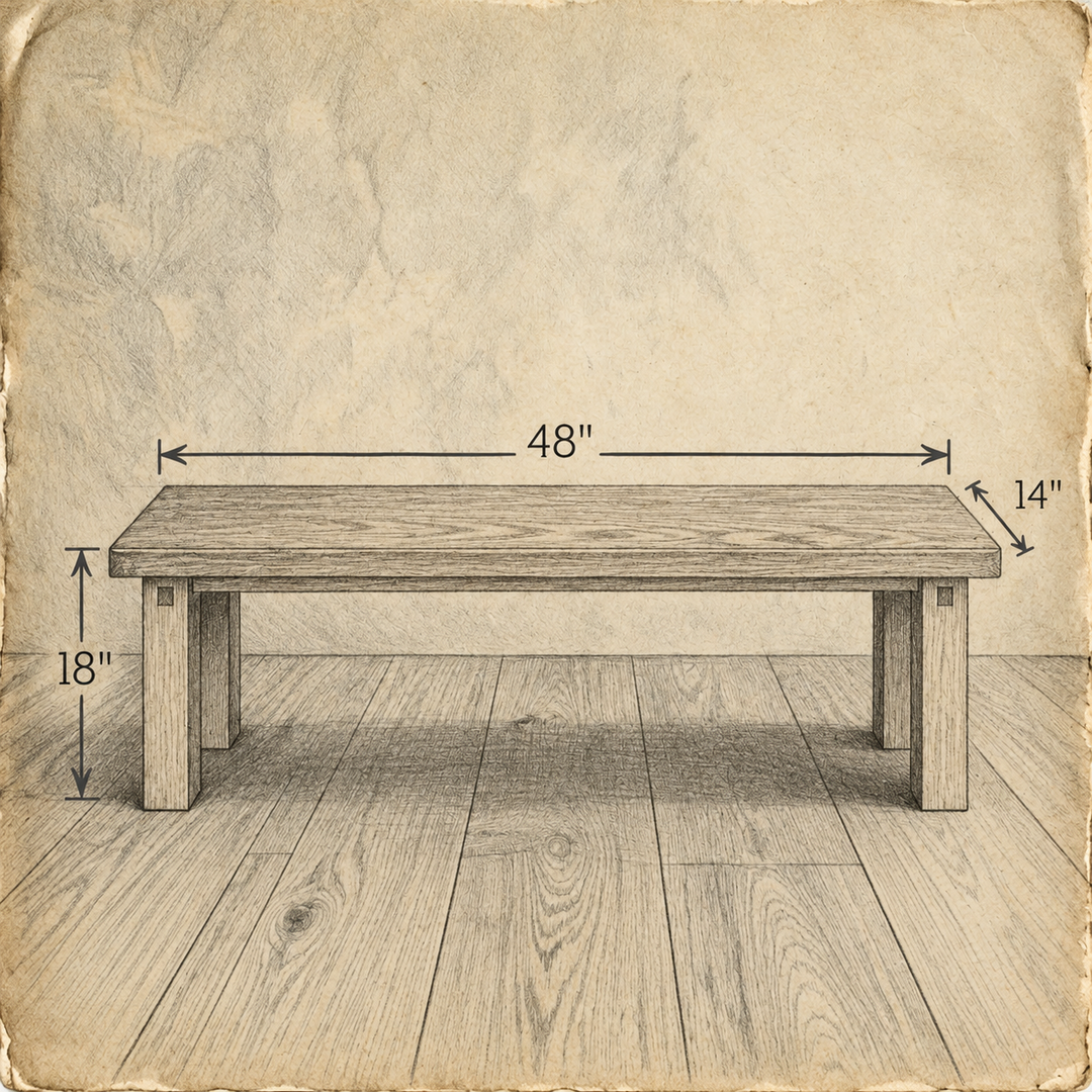 Pencil sketch of the farmhouse bench on aged paper, measuring 48 inches long, 14 inches deep and 18 inches high.