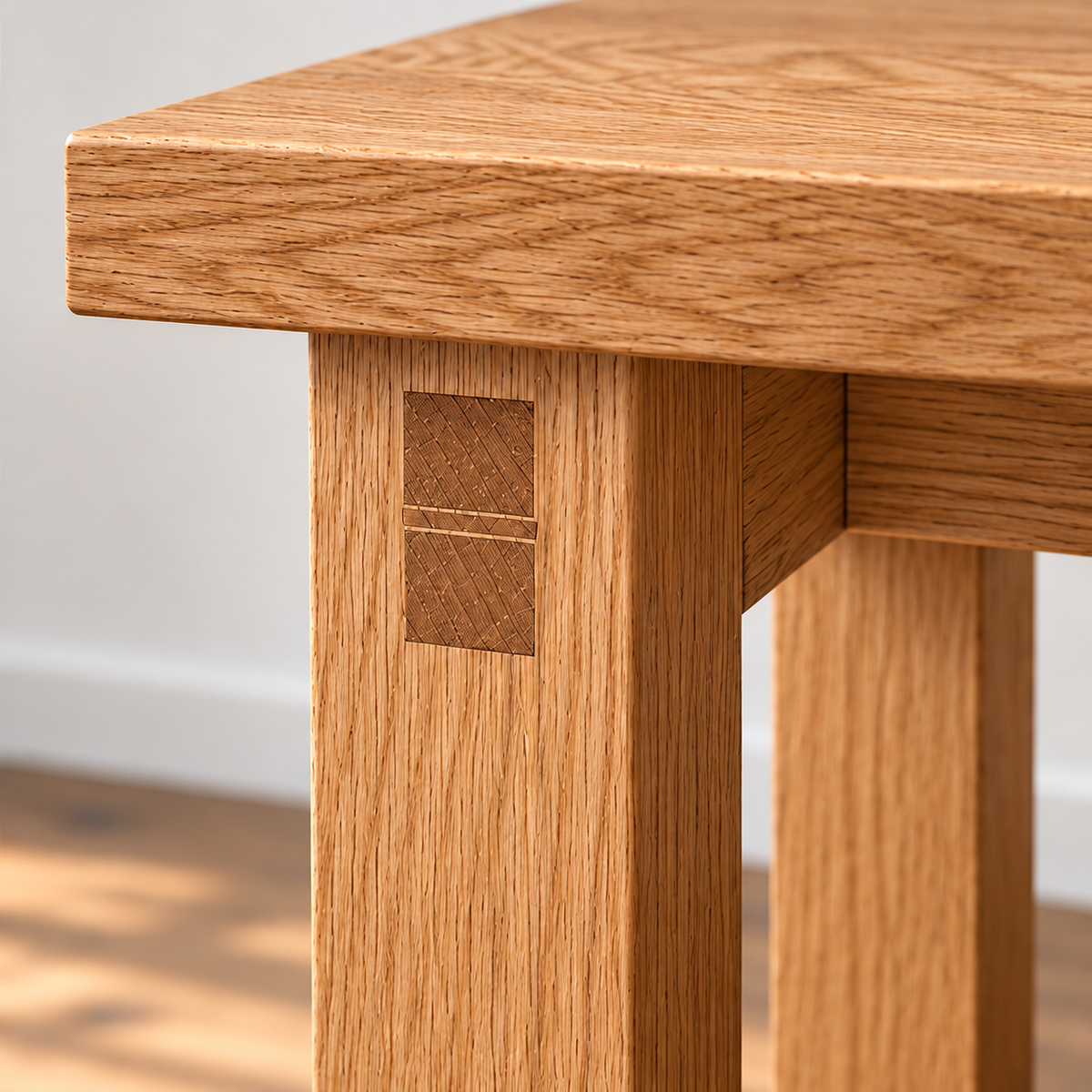 Close-up of a leg on the farmhouse bench in red oak, showing the wedged end of a through-tenon just below the top.
