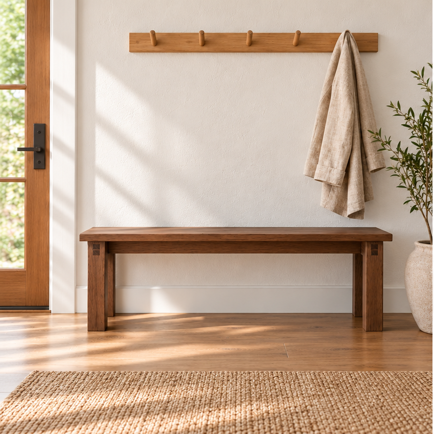 A farmhouse bench in walnut in a sunlit entryway, below a wooden peg rail with a linen towel, beside a potted olive tree and a woven rug.