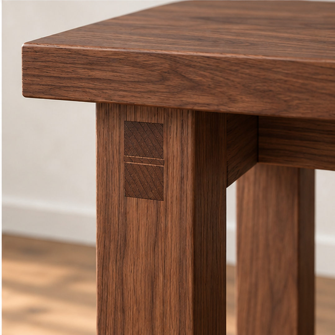 Close-up of a leg on the farmhouse bench in walnut, showing the wedged end of a through-tenon just below the top.