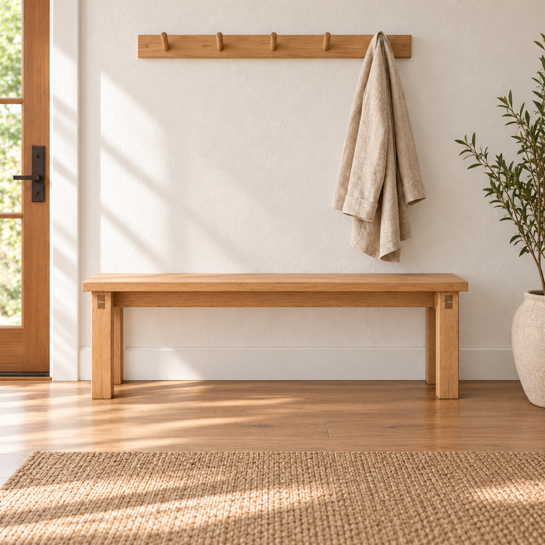 A farmhouse bench in white oak in a sunlit entryway, below a wooden peg rail with a linen towel, beside a potted olive tree and a woven rug.