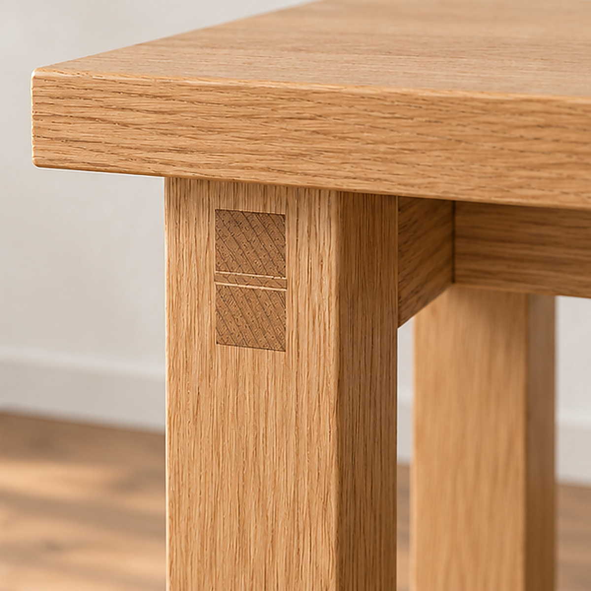 Close-up of a leg on the farmhouse bench in white oak, showing the wedged end of a through-tenon just below the top.