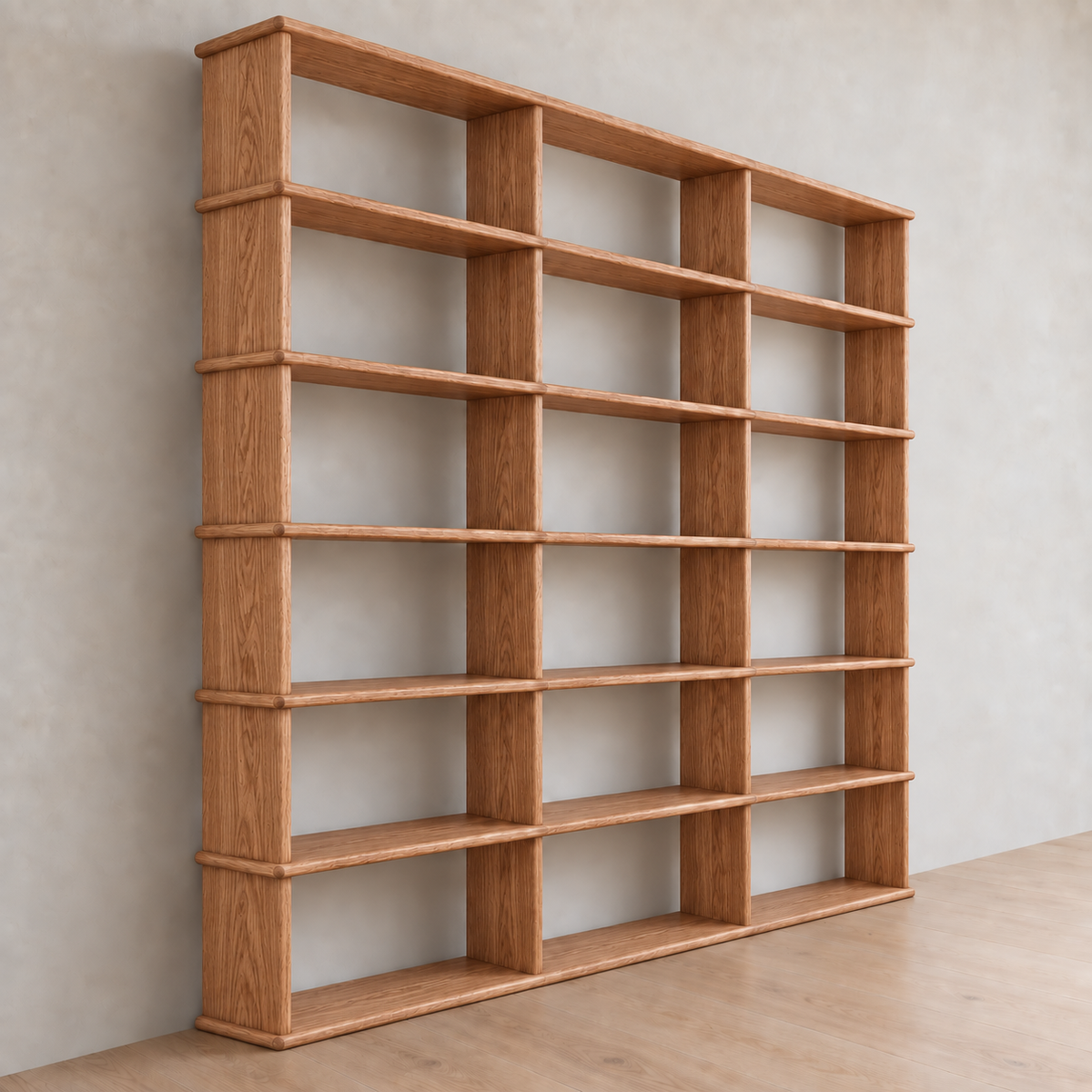 Full wall bookcase in red oak — angled view