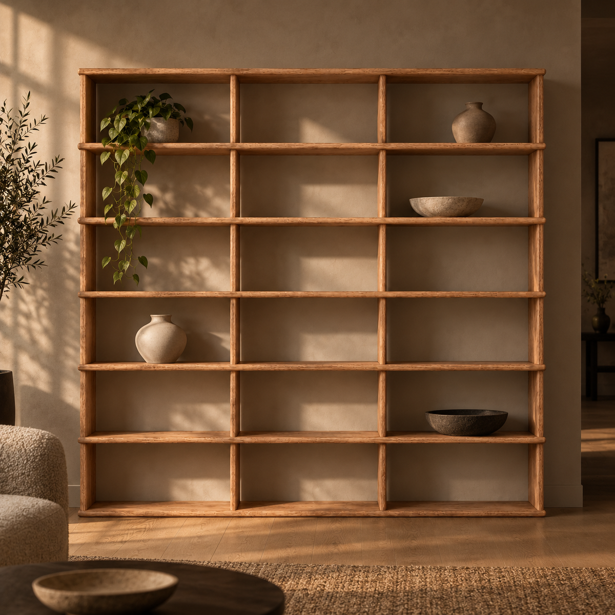 Full wall bookcase in red oak — living room