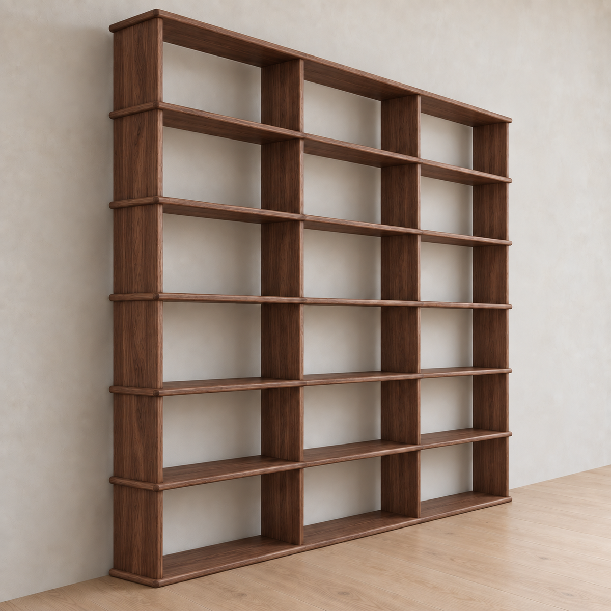 Full wall bookcase in walnut — angled view