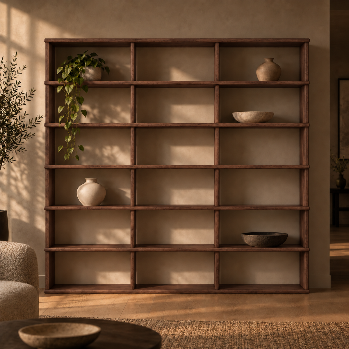 Full wall bookcase in walnut — living room