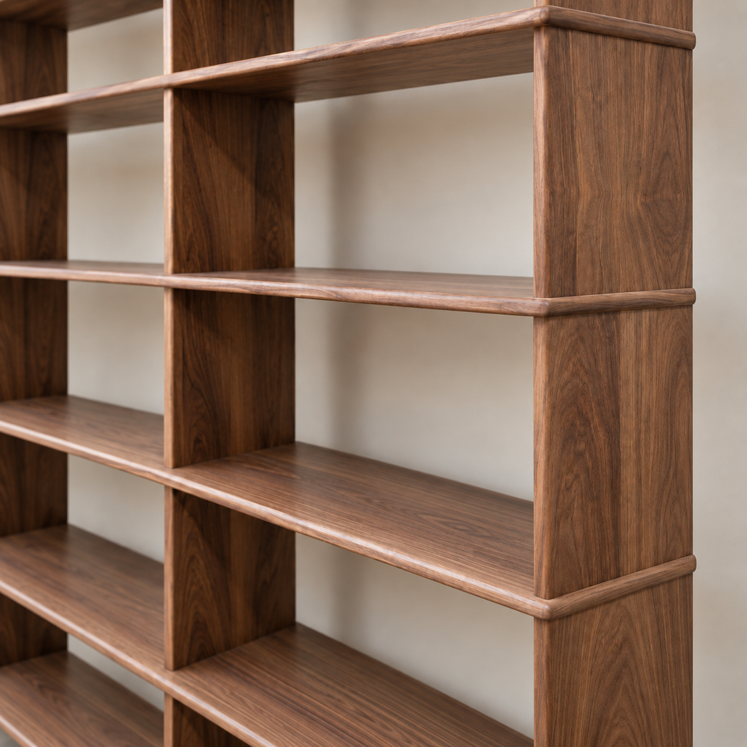 Full wall bookcase in walnut — zoomed in