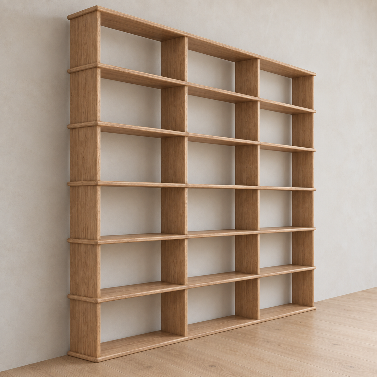 Full wall bookcase in white oak — angled view