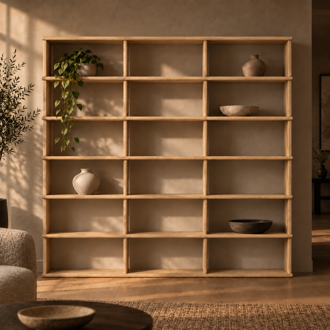 Full wall bookcase in white oak — living room