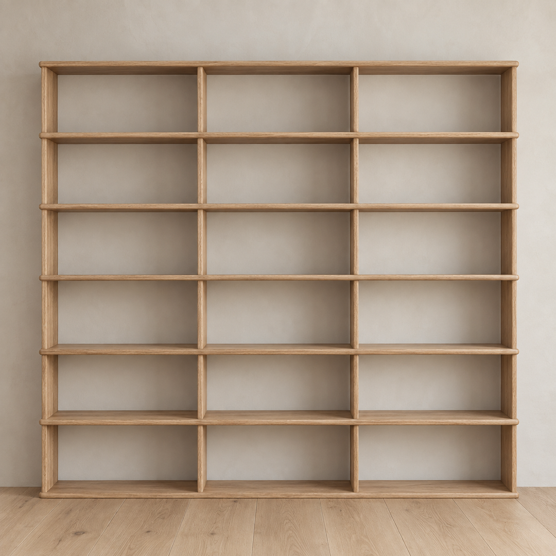 Full wall bookcase in white oak