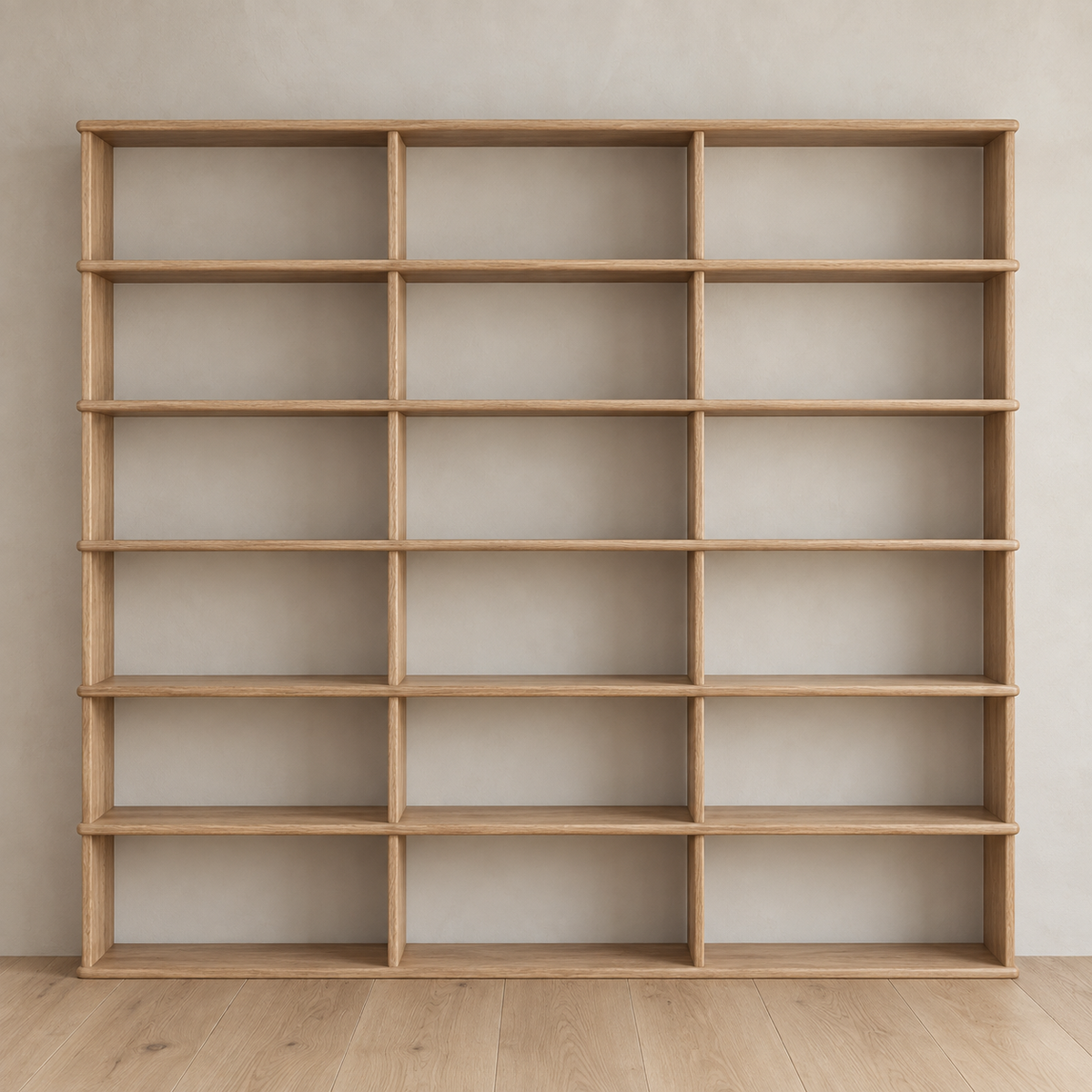 Full wall bookcase in white oak