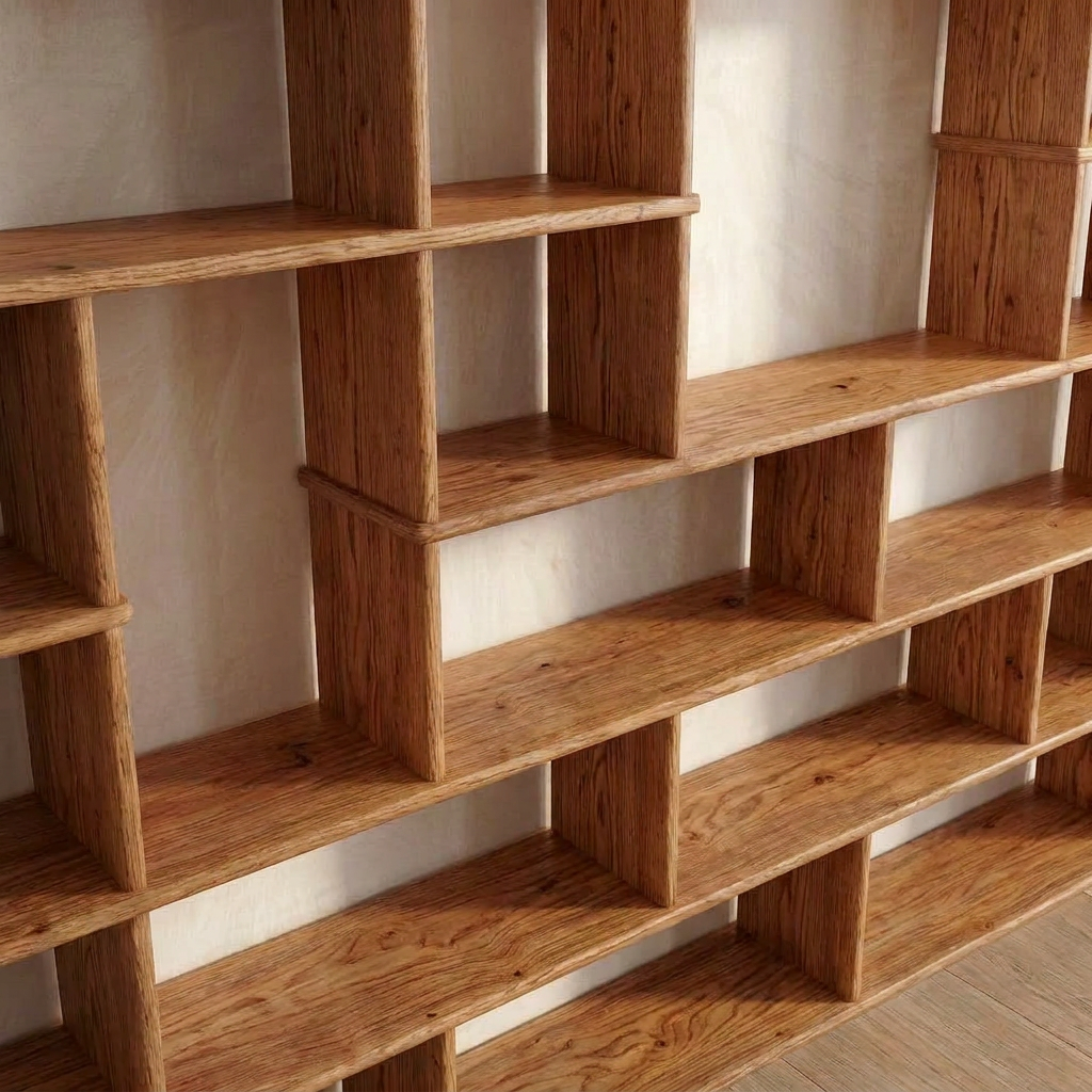 A close-up of the Large geometric bookcase in red oak, handmade with staggered rectangular compartments that highlight its natural wood grain and warm brown color against a light wall.