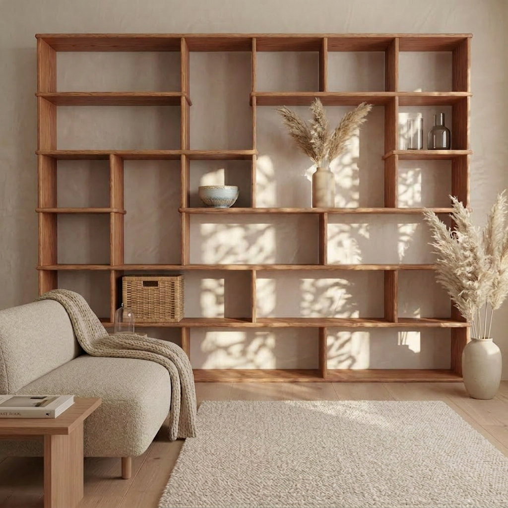 A minimalist living room with a Large geometric bookcase in red oak, beige sofa, light rug, woven basket, vases, and pampas grass. Sunlight casts shadows on the wall and shelves for a warm, cozy feel.
