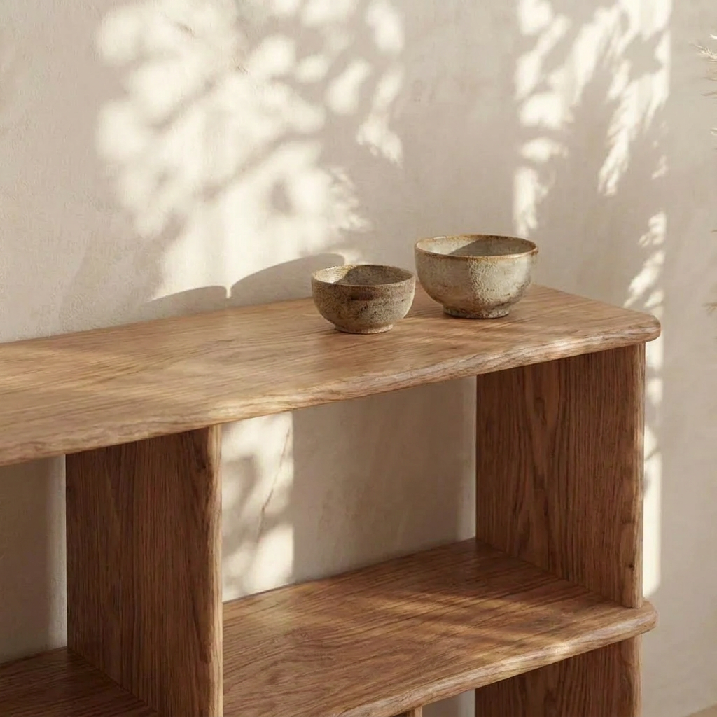 Two rustic ceramic bowls, handmade in Vancouver, sit on a horizontal bookshelf in red oak against a light beige wall, as soft natural sunlight casts leafy shadows for a calm and minimalist look.