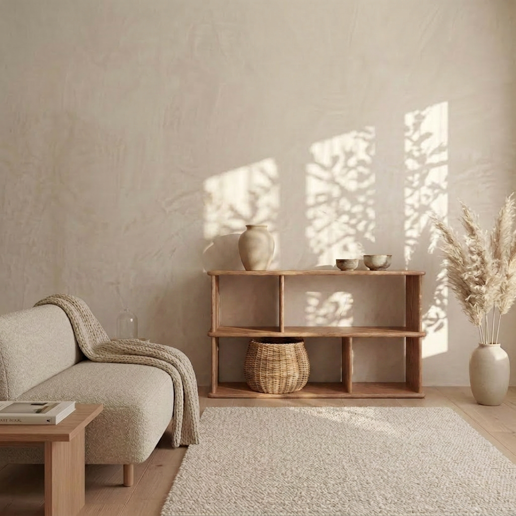 A minimal, neutral-toned living room features a light couch, wooden coffee table, and a handmade horizontal bookshelf in red oak from Vancouver, displaying ceramics, a wicker basket, pampas grass in a vase, and sunlight casting leaf shadows on the wall.