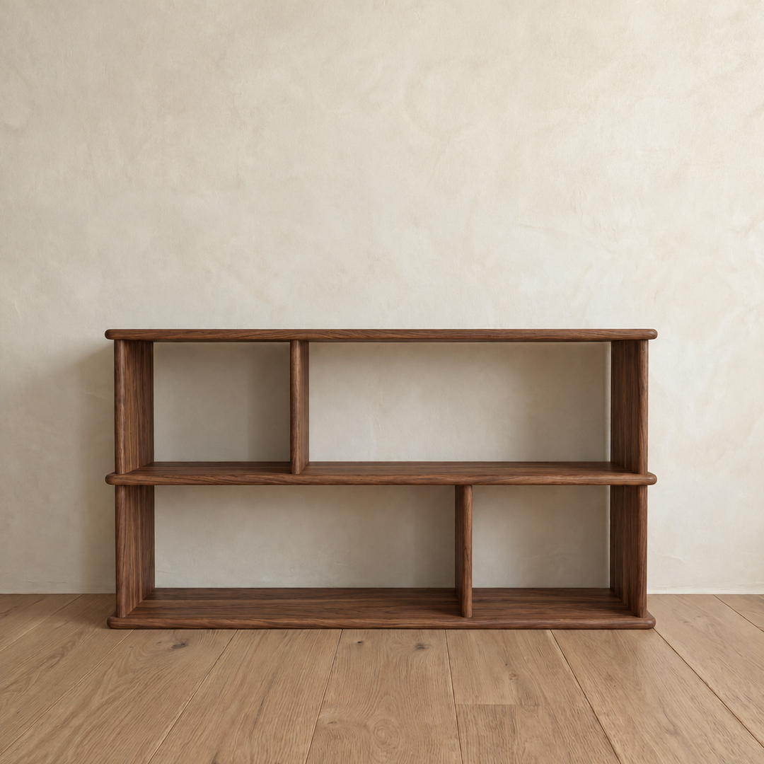 Front view of the empty horizontal bookshelf in walnut, with two rows of open shelves and offset dividers.