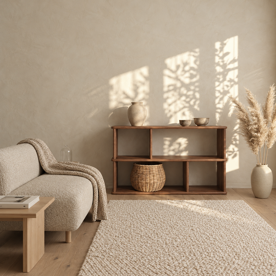 The horizontal bookshelf in walnut in a sunlit living room with a cream sofa, a textured rug, a woven basket and pampas grass.