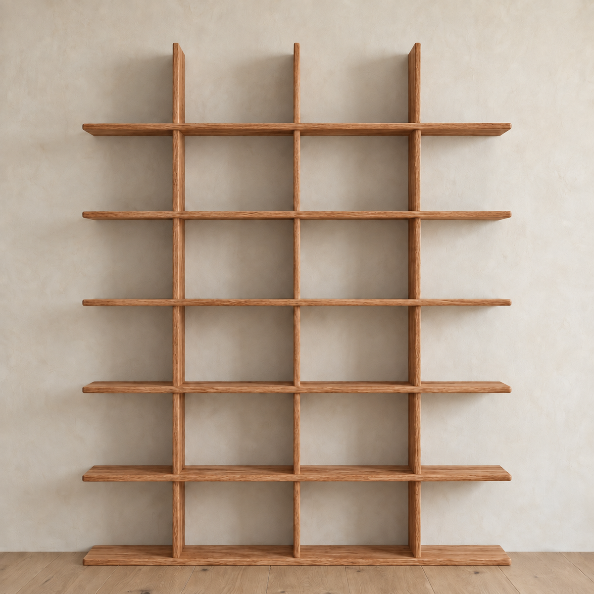 Japandi bookcase in red oak — front view