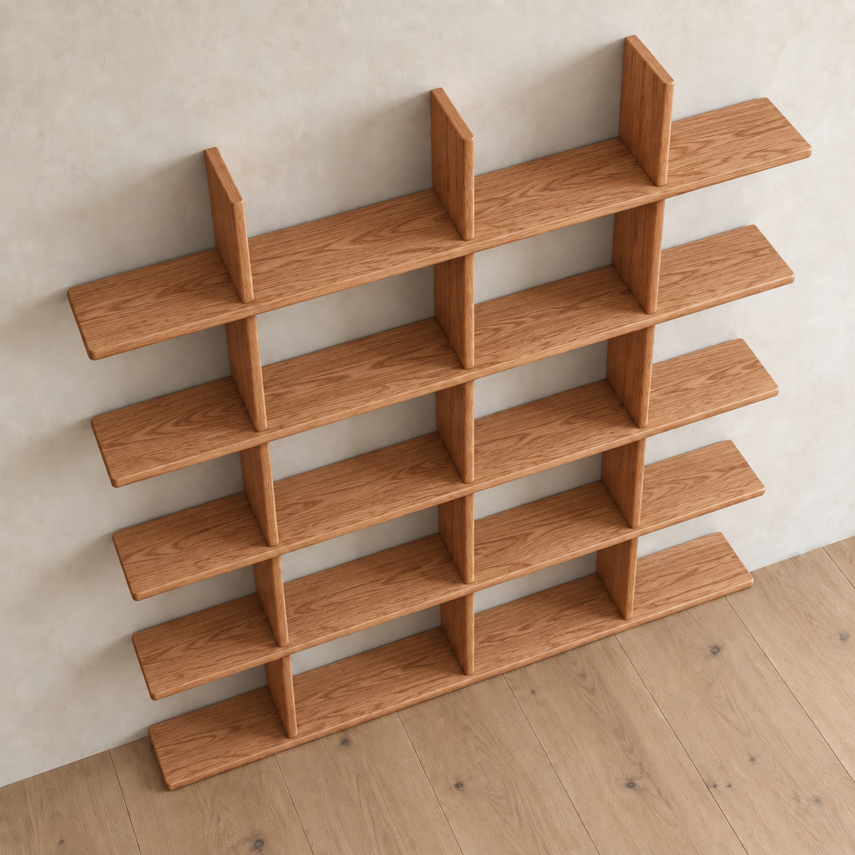 Japandi bookcase in red oak — high angle