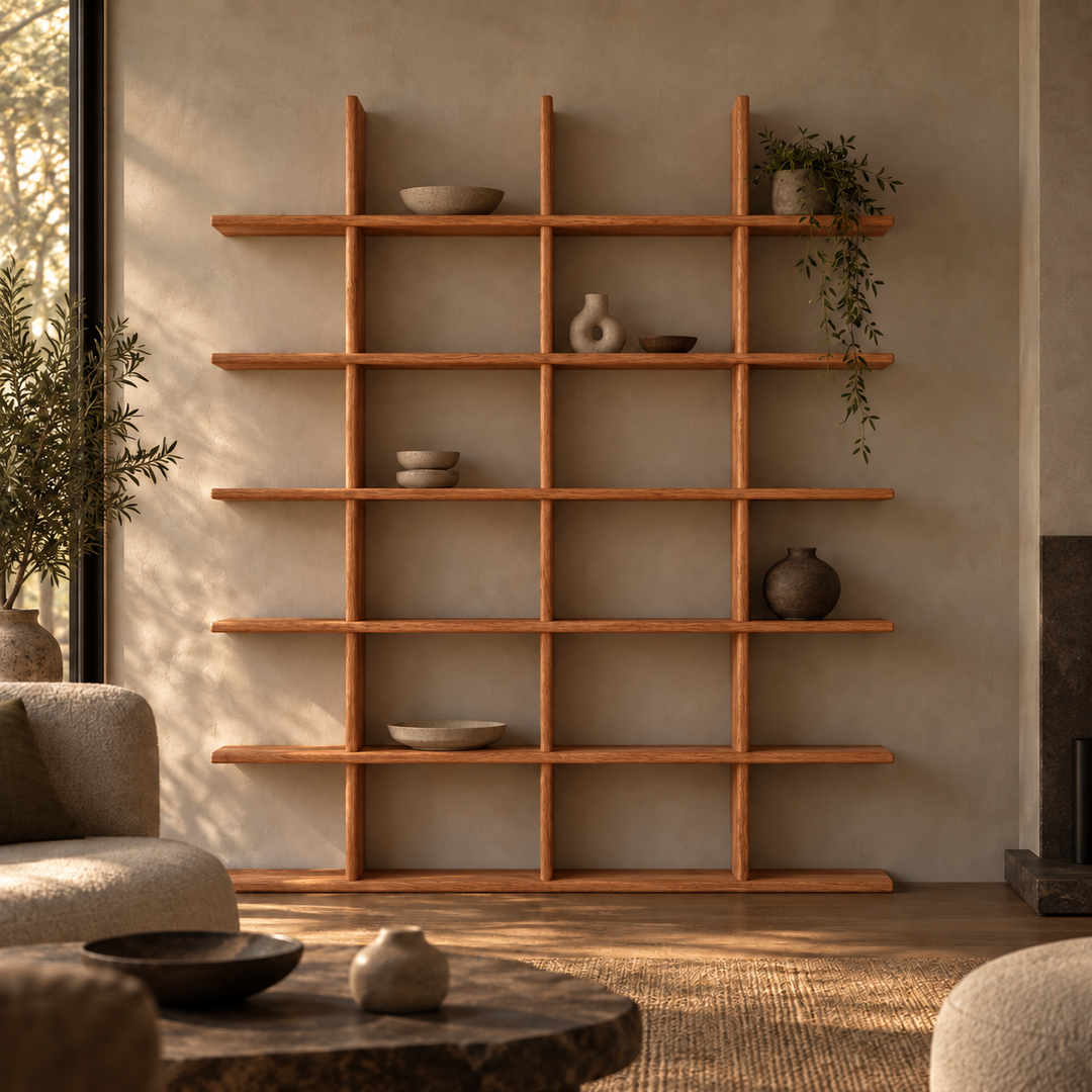 Japandi bookcase in red oak — living room