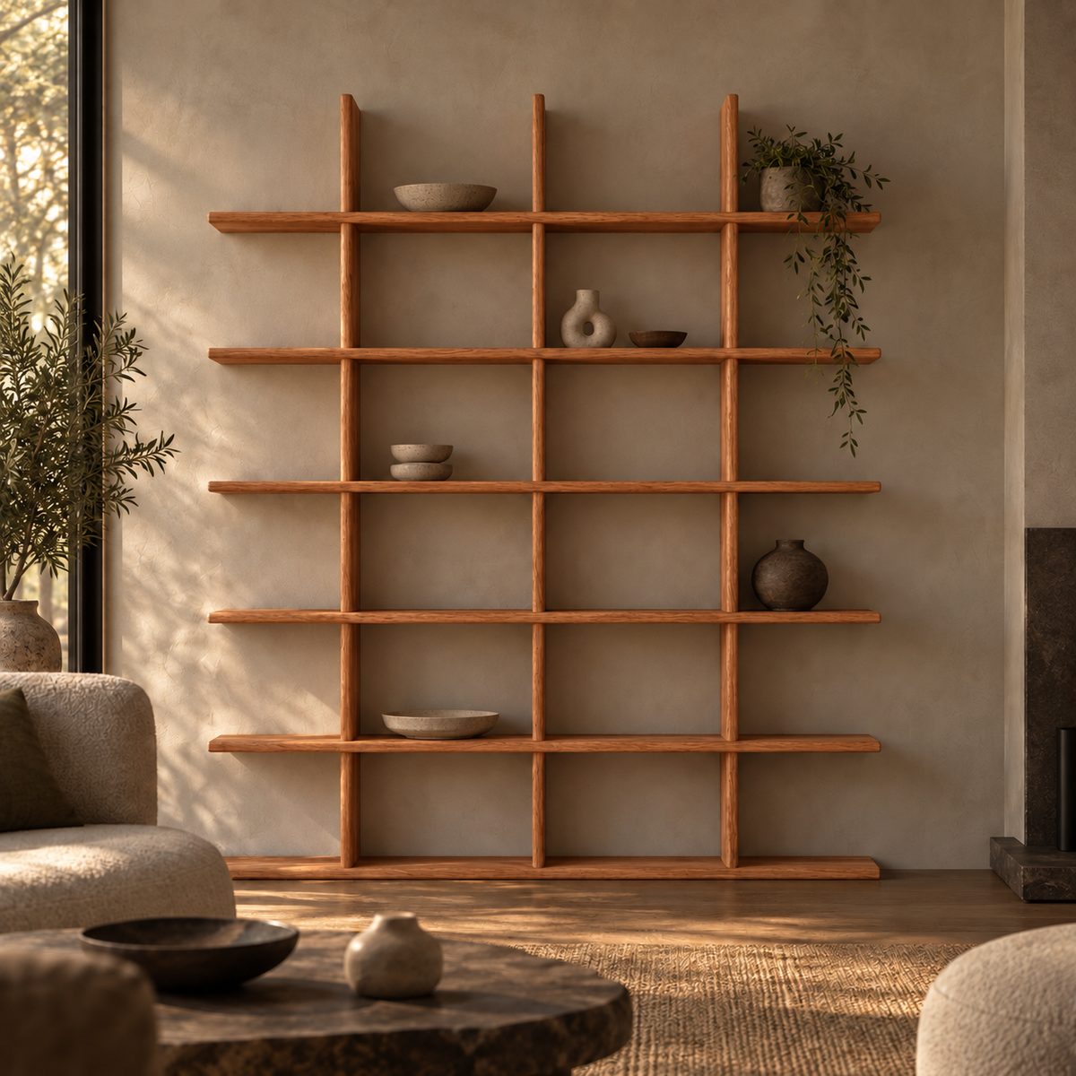 Japandi bookcase in red oak — living room