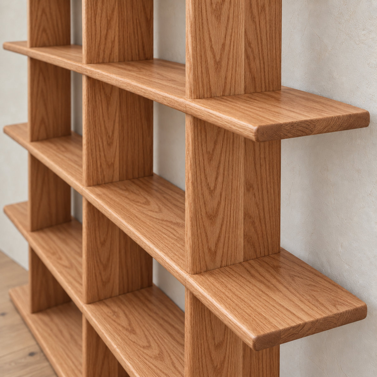 Japandi bookcase in red oak — zoomed in