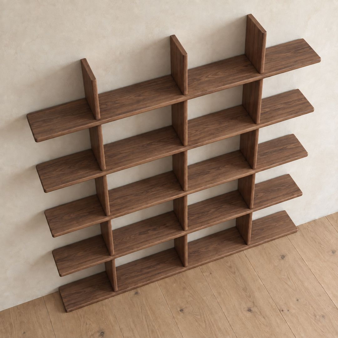 Japandi bookcase in walnut — high angle