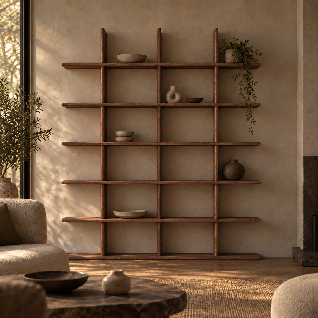 Japandi bookcase in walnut — living room