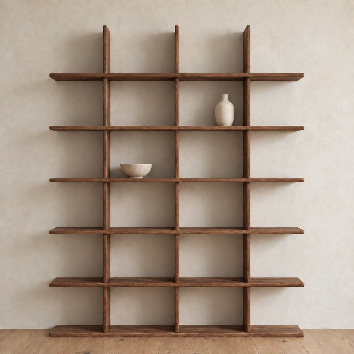 Japandi bookcase in walnut — with decor