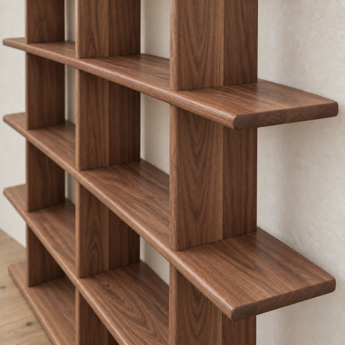 Japandi bookcase in walnut — zoomed in