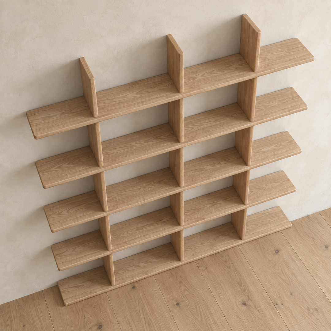 Japandi bookcase in white oak — high angle