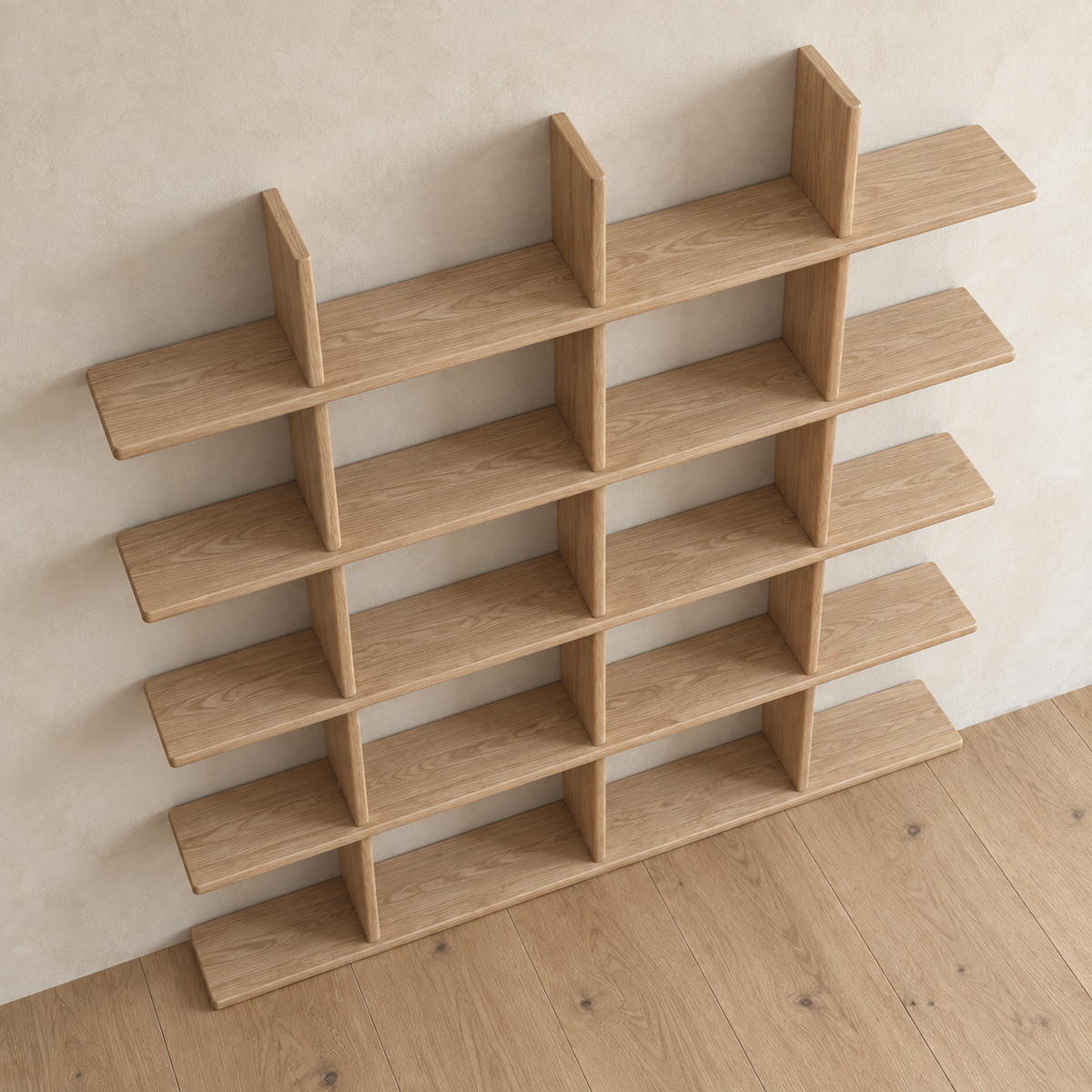 Japandi bookcase in white oak — high angle
