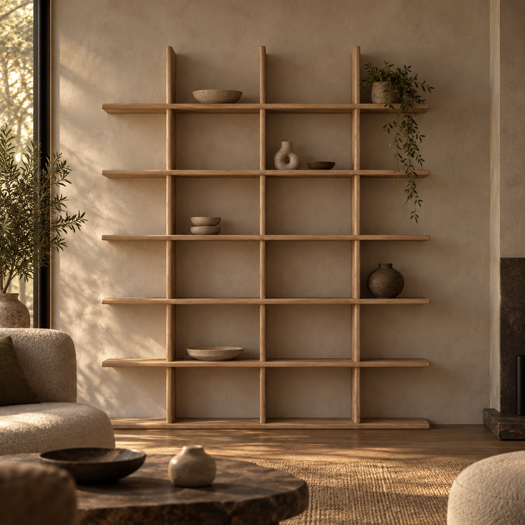 Japandi bookcase in white oak — living room