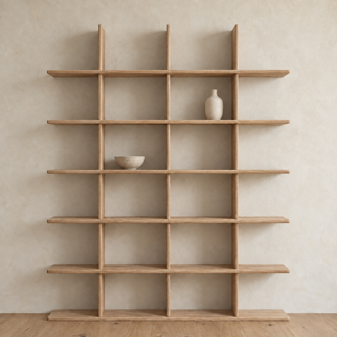 Japandi bookcase in white oak — with decor