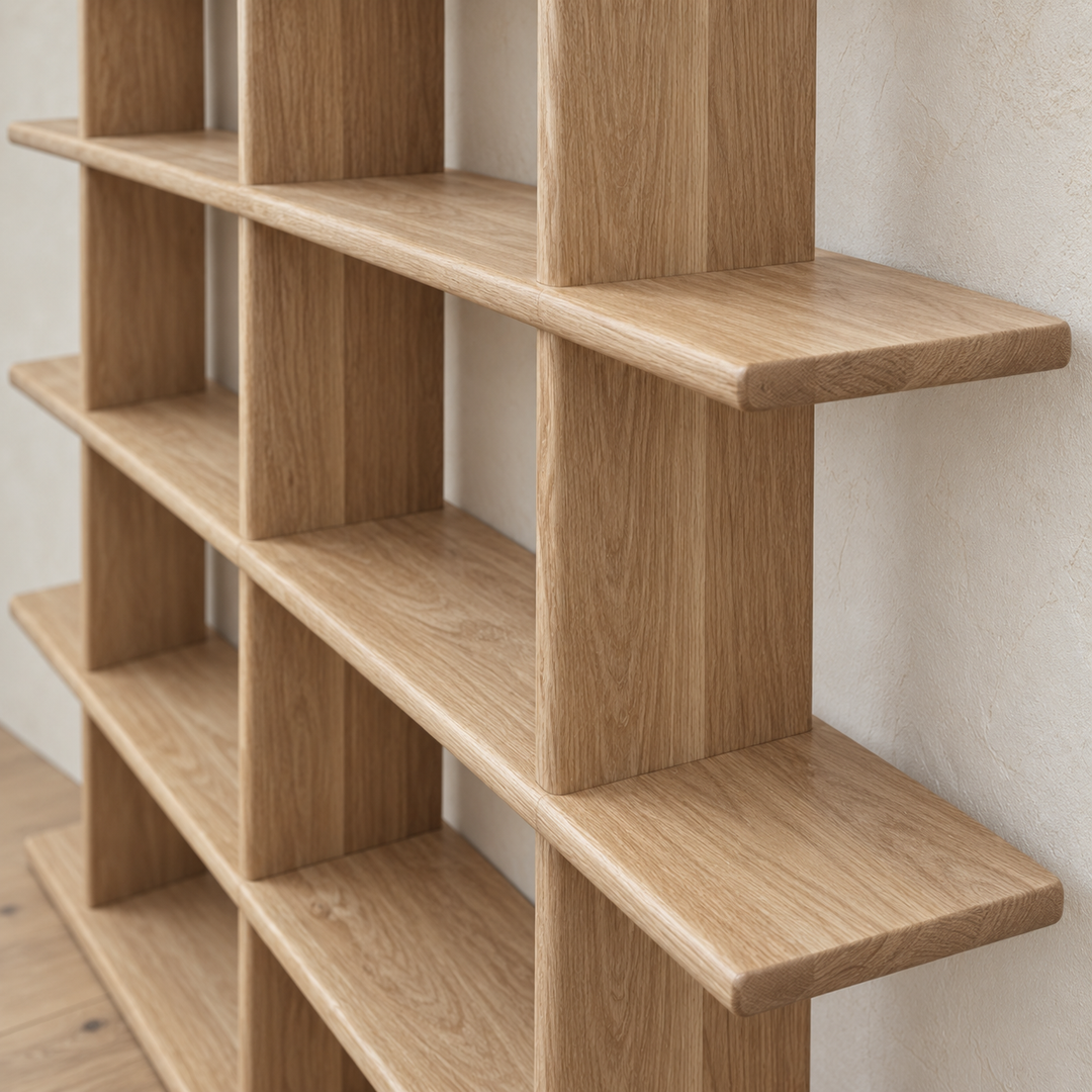 Japandi bookcase in white oak — zoomed in
