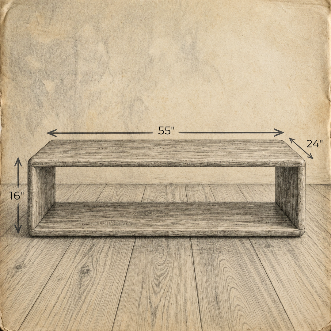 Pencil sketch of the Japandi coffee table on aged paper, measuring 55 inches long, 24 inches deep and 16 inches high.