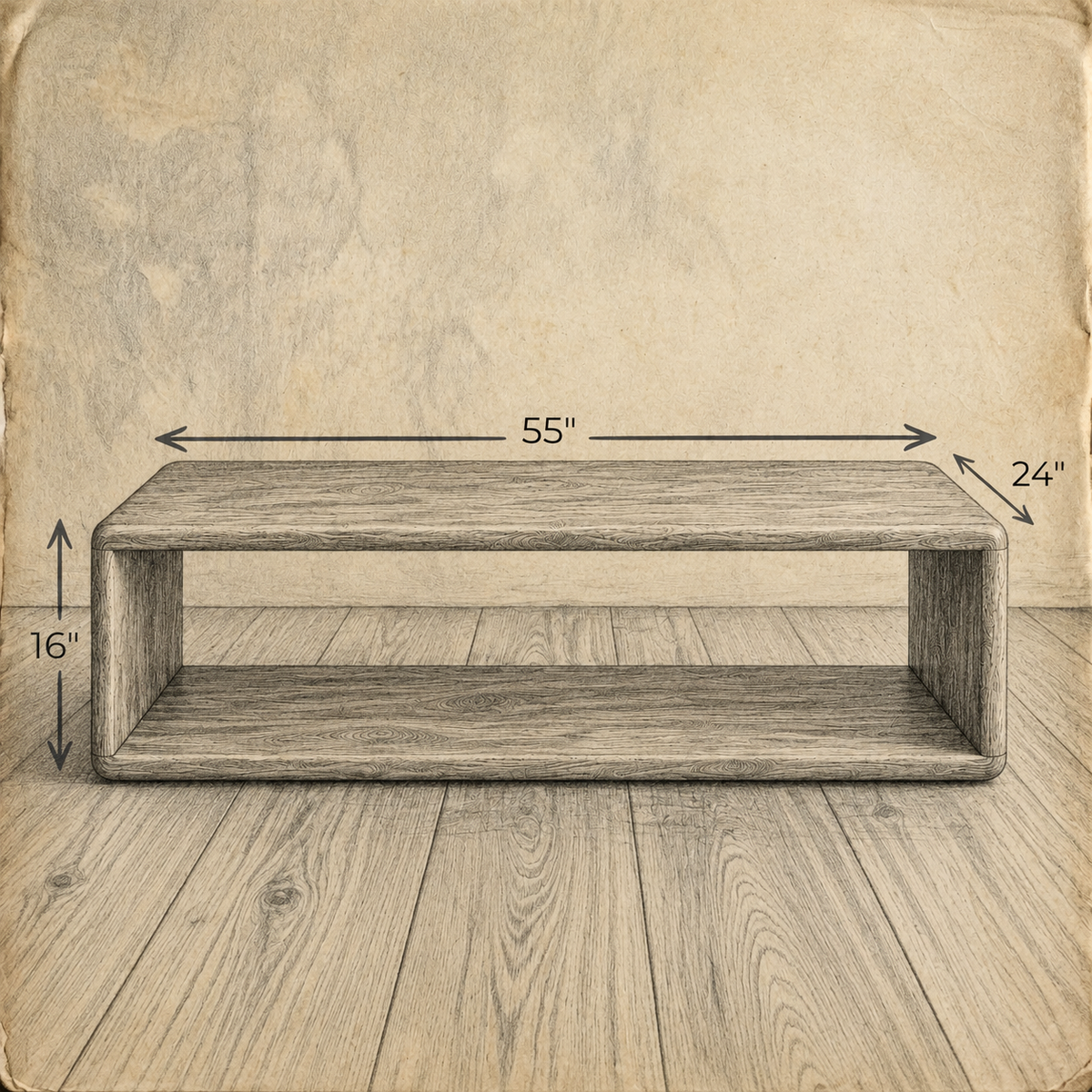 Pencil sketch of the Japandi coffee table on aged paper, measuring 55 inches long, 24 inches deep and 16 inches high.