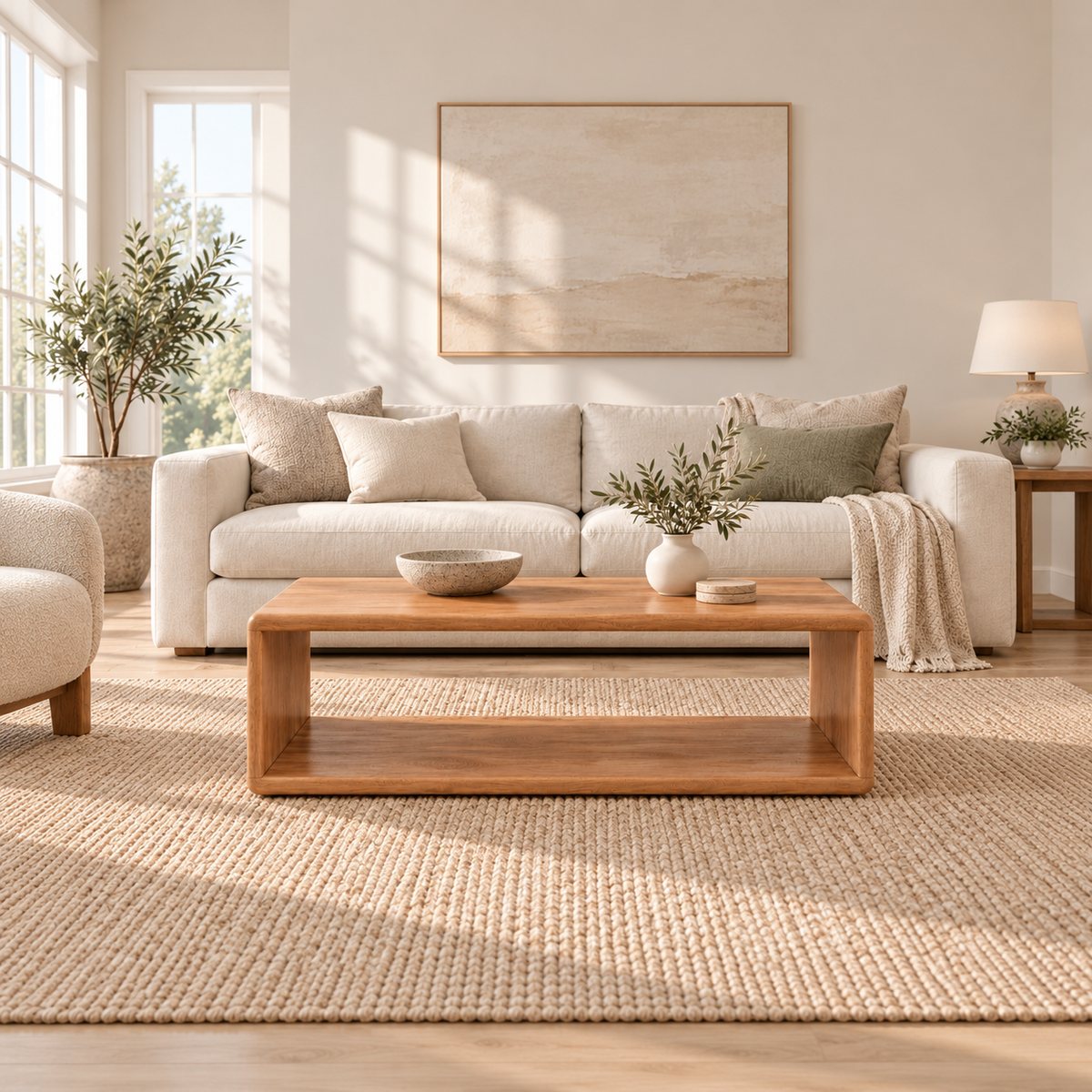A bright living room with a cream sofa, an olive tree and large windows, with a Japandi coffee table in red oak on a woven rug holding a stone bowl and a vase of olive branches.