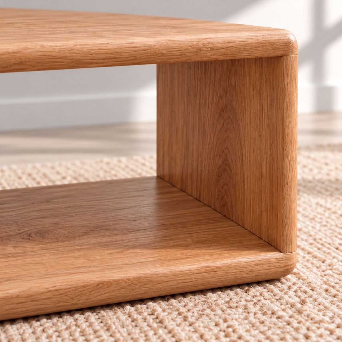 Close-up of a corner of the Japandi coffee table in red oak, where the top curves smoothly down into the side and the grain continues around the corner.