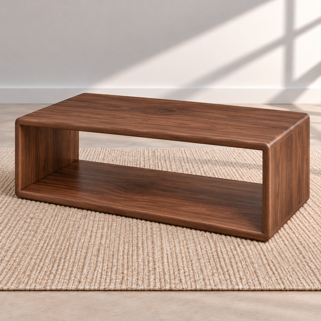 Angled view of the Japandi coffee table in walnut, showing its solid sides, rounded corners and the open shelf running underneath the top.