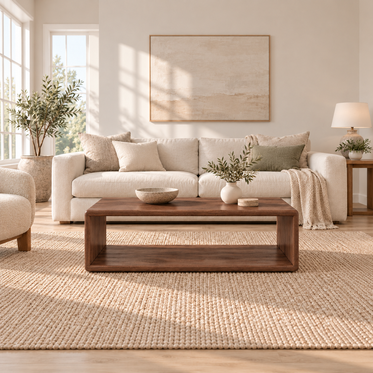 A bright living room with a cream sofa, an olive tree and large windows, with a Japandi coffee table in walnut on a woven rug holding a stone bowl and a vase of olive branches.