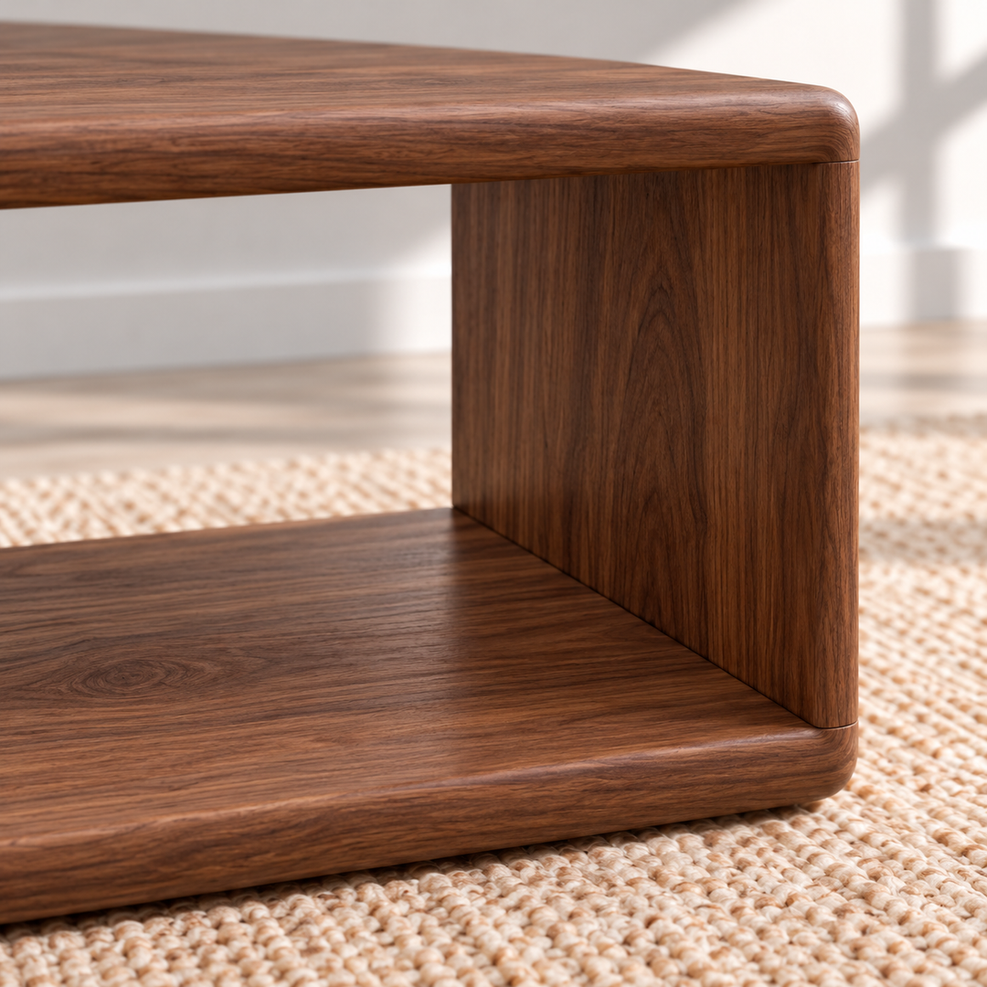 Close-up of a corner of the Japandi coffee table in walnut, where the top curves smoothly down into the side and the grain continues around the corner.