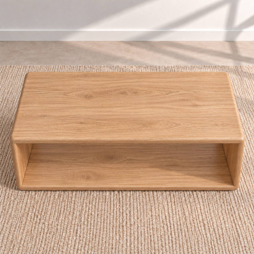 The Japandi coffee table in white oak seen from above, showing the grain of the solid top and the open shelf below it.