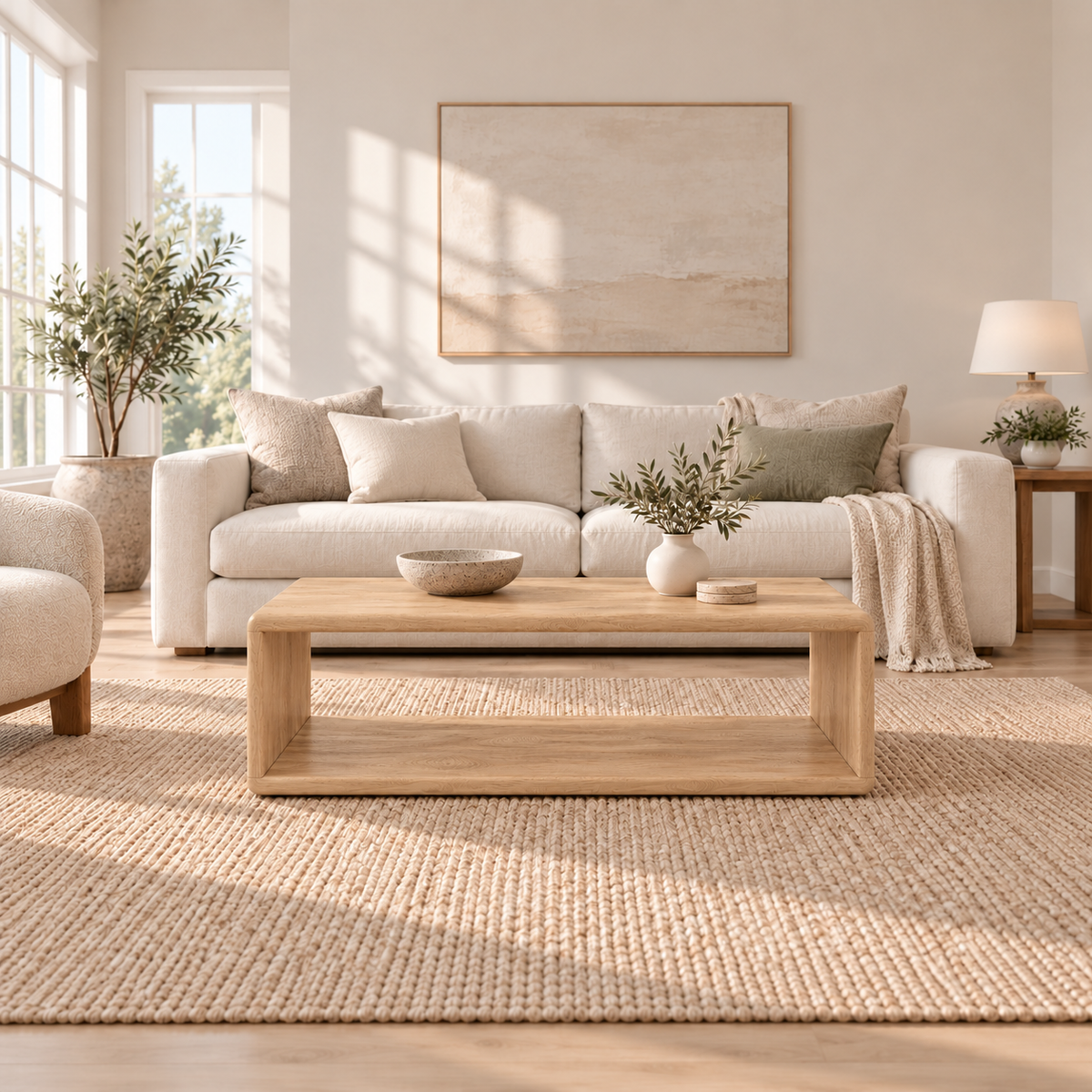 A bright living room with a cream sofa, an olive tree and large windows, with a Japandi coffee table in white oak on a woven rug holding a stone bowl and a vase of olive branches.