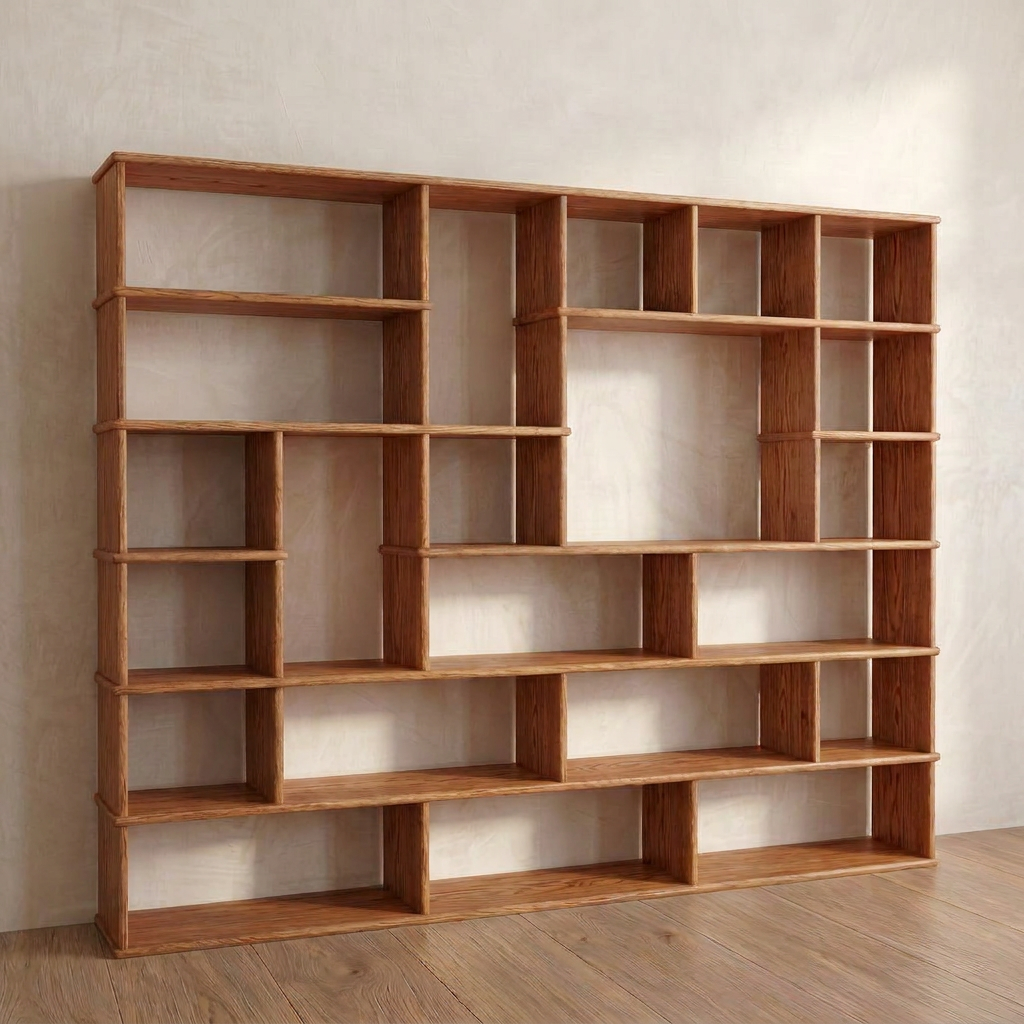 The Large geometric bookcase in red oak features asymmetrical shelves that create a striking geometric pattern, making it a modern focal point against any light-colored wall and wooden floor.