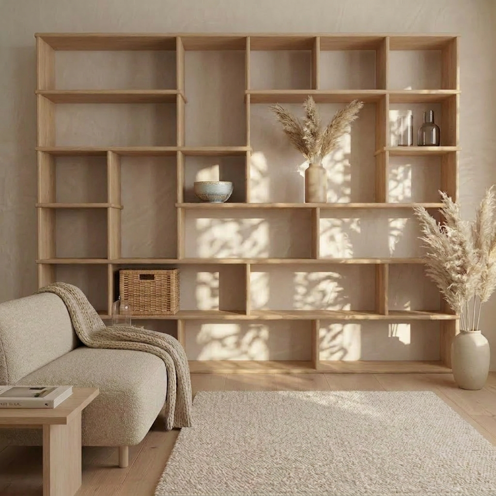Minimalist living room with a Large geometric bookcase in white oak, a beige sofa, small table, textured rug, and pampas grass in vases. Sunlight gently casts shadows on the neutral walls and shelves.